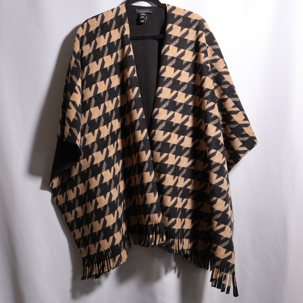 Tahari Womens Houndstooth Fringe Poncho Wrap Shawl Tan Black OS Mob‎ Wife Glam